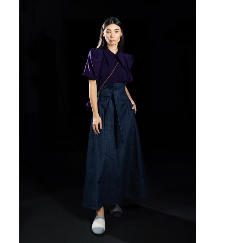 Thumbnail of Dark Blue Denim Long Skirt With Belt image