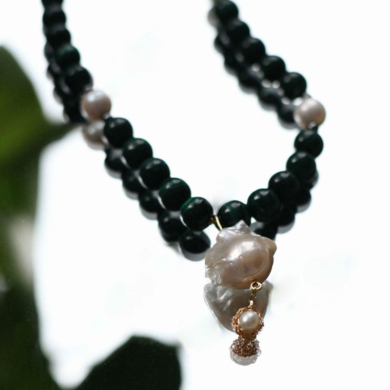 Thumbnail of One Of A Kind Malachite, Freshwater Cultured Pearl And Hematite Necklace With Large Baroque Pendant With Hand Crocheted Gold image