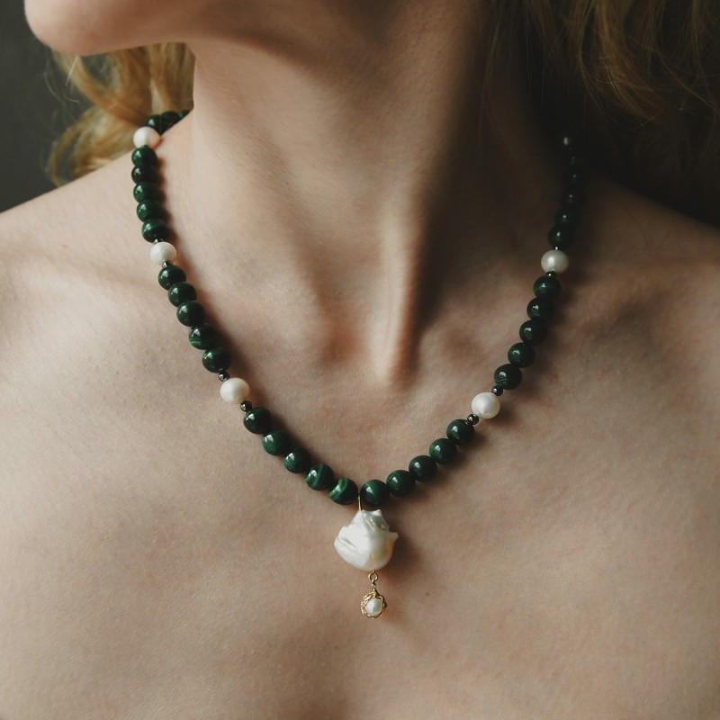 Thumbnail of One Of A Kind Malachite, Freshwater Cultured Pearl And Hematite Necklace With Large Baroque Pendant With Hand Crocheted Gold image