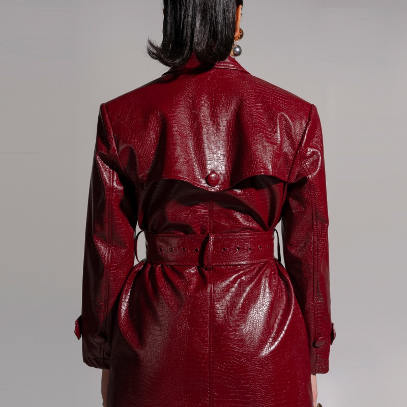 Ono Faux Leather Trench Jacket In Burgundy | OFUURE | Wolf Ono Faux Leather Trench Jacket In Burgundy | OFUURE | Wolf