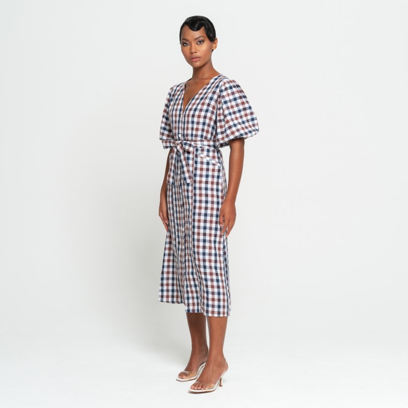 Thumbnail of Meghan Gingham Linen Midi Dress - Brown image