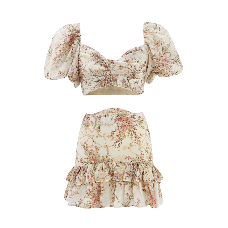 Thumbnail of Roselenda Beige Gold Detailed Mini Frilled Skirt And Top Set image