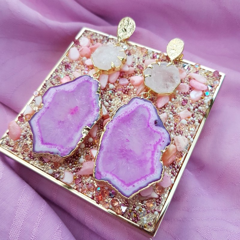 Thumbnail of 'Hold On' Rose Quartz Pink Agate Gemstone Gold Statement Earrings image