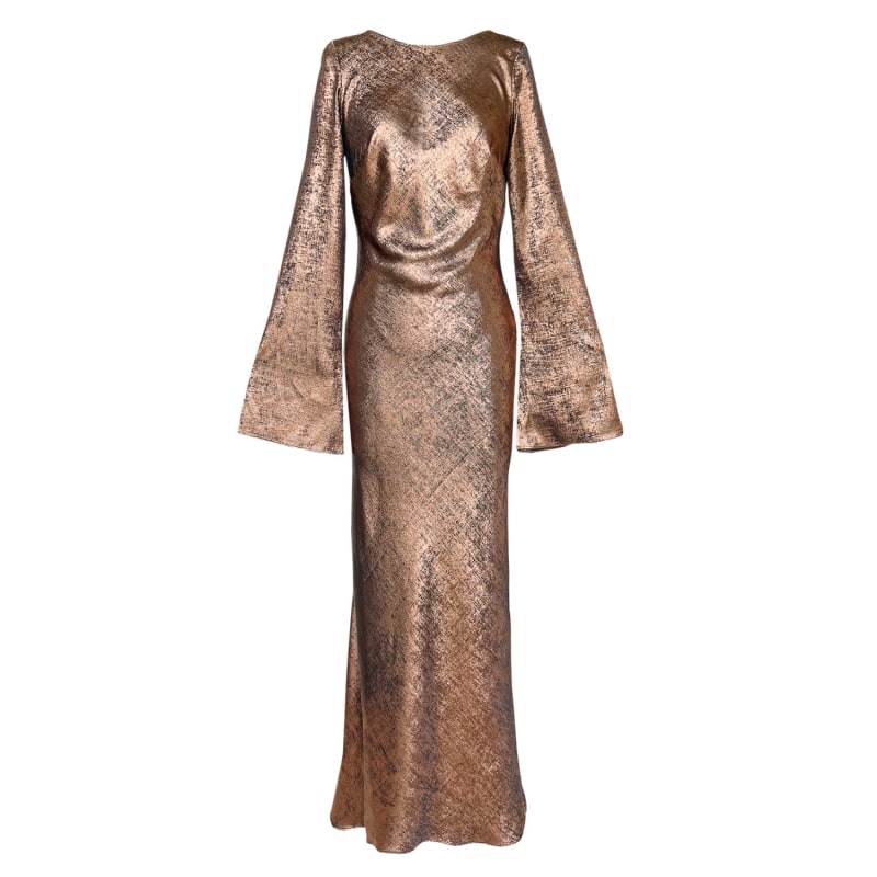 Ophelia Plunge Cowl Back Bias Maxi Dress In Great Gatsby Metallic Gold OctoberEighteen Wolf Badger