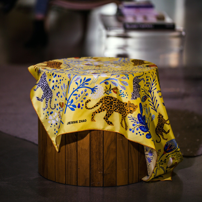 Thumbnail of Silk Scarf In Yellow With Leopard & Flowers image