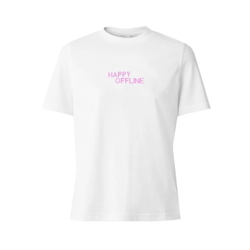 Thumbnail of White Happy Offline Embroidered Pink T Shirt image