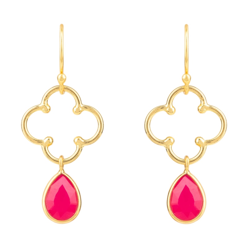 Thumbnail of Open Clover Gemstone Drop Earrings Gold Fuchsia Pink Chalcedony image