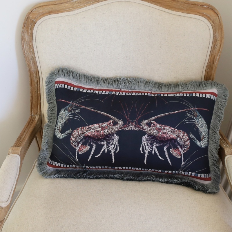 Thumbnail of Lobster And Prawn Mosaic Silk Cushion - Navy image