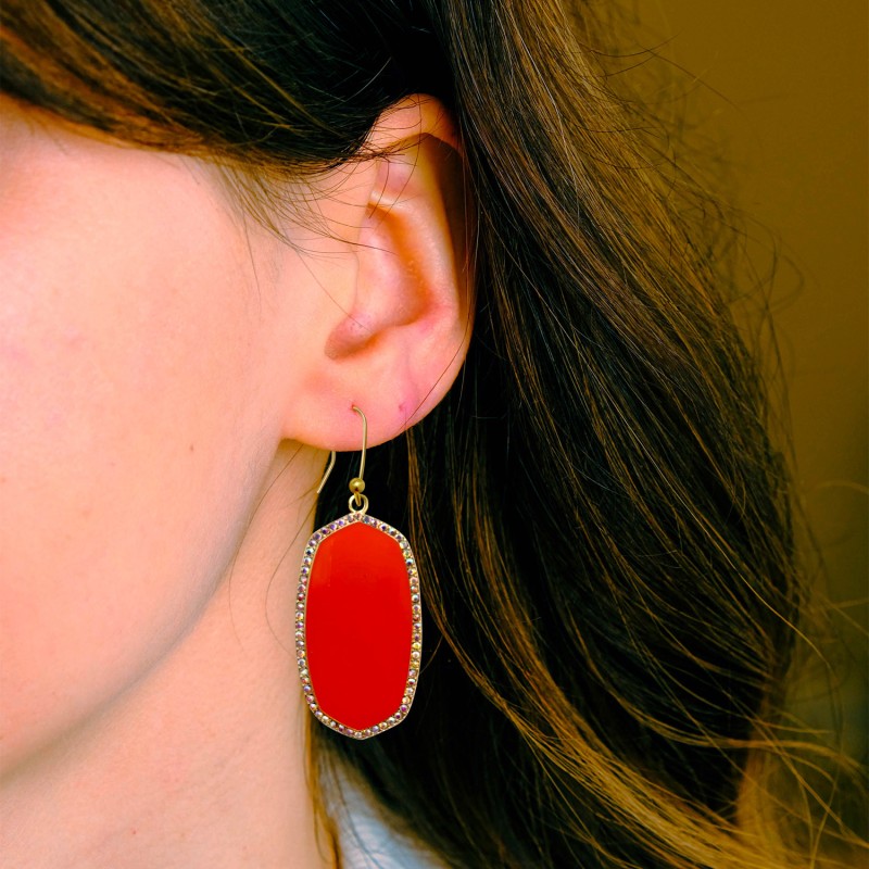 Orange Red Hand Enameled Drop Earrings With Crystal Rim On French Wire Michael Nash Jewelry Wolf Badger
