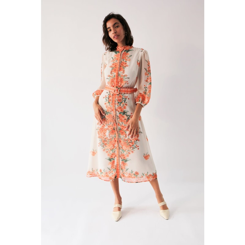 Raishma Orange Rose Floral 3/4 Length Sleeve Belted Midi Shirt