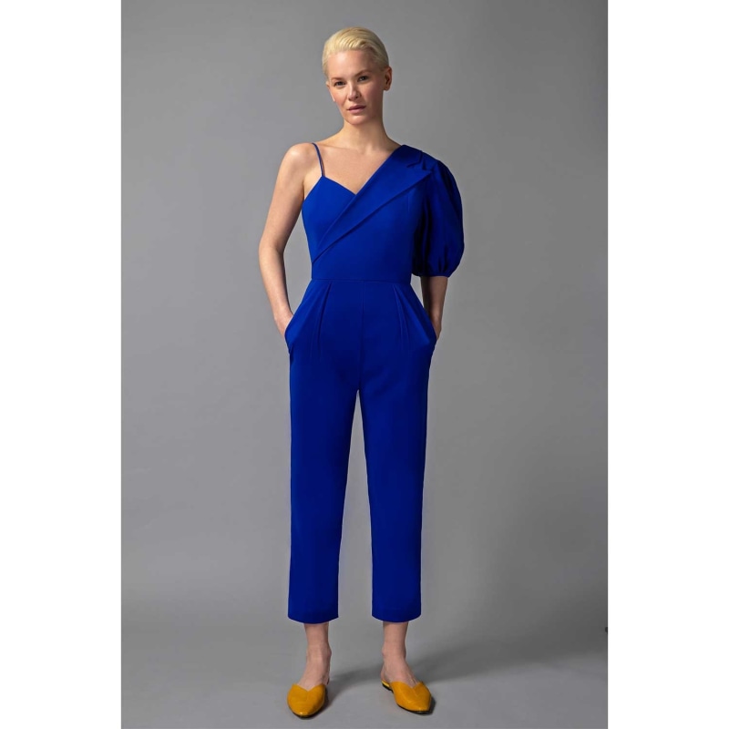 Thumbnail of Peak Lapel Puff Sleeve Cotton Jumpsuit - Royal Blue image