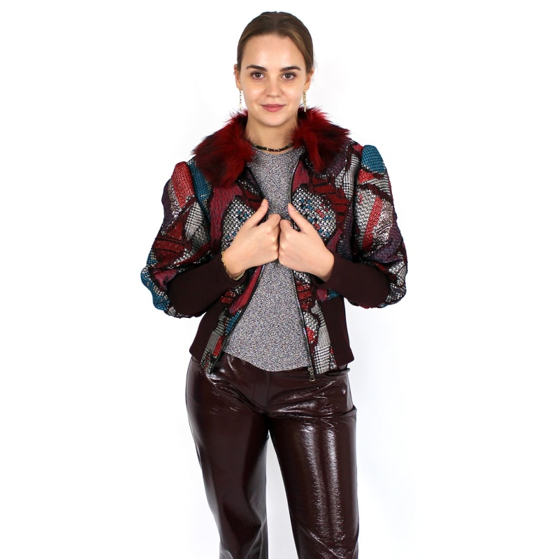 Jacquard Bomber Jacket With Faux Fur Collar | Lalipop Design Jacquard Bomber Jacket With Faux Fur Collar | Lalipop Design