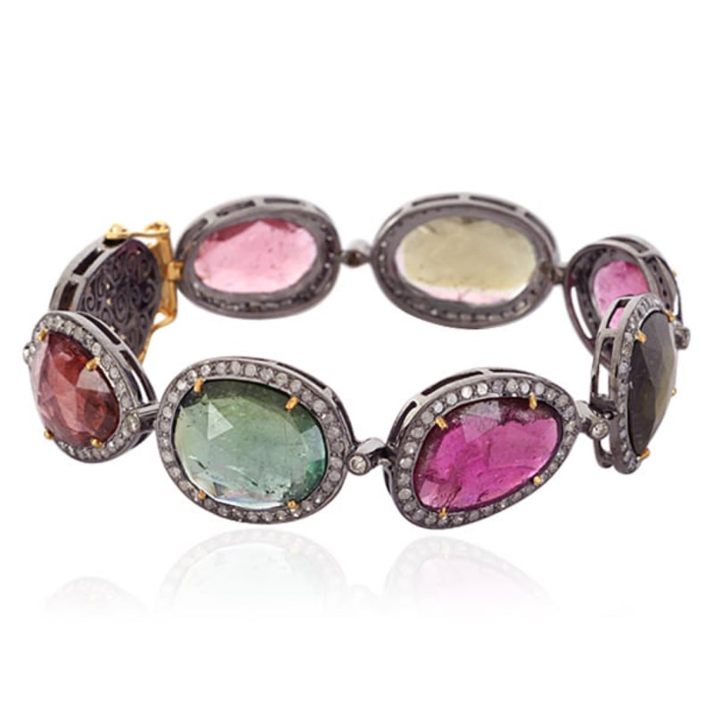 Thumbnail of Oval Cut Multi Tourmaline & Pave Diamond Statement Bracelet In 18K Gold With Silver image