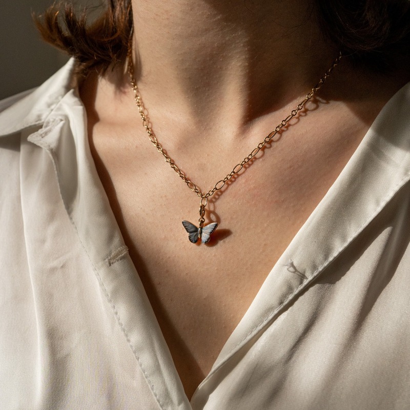 Thumbnail of Fable Oval Figaro Chain Necklace With Enamel Blue Butterfly Charm image