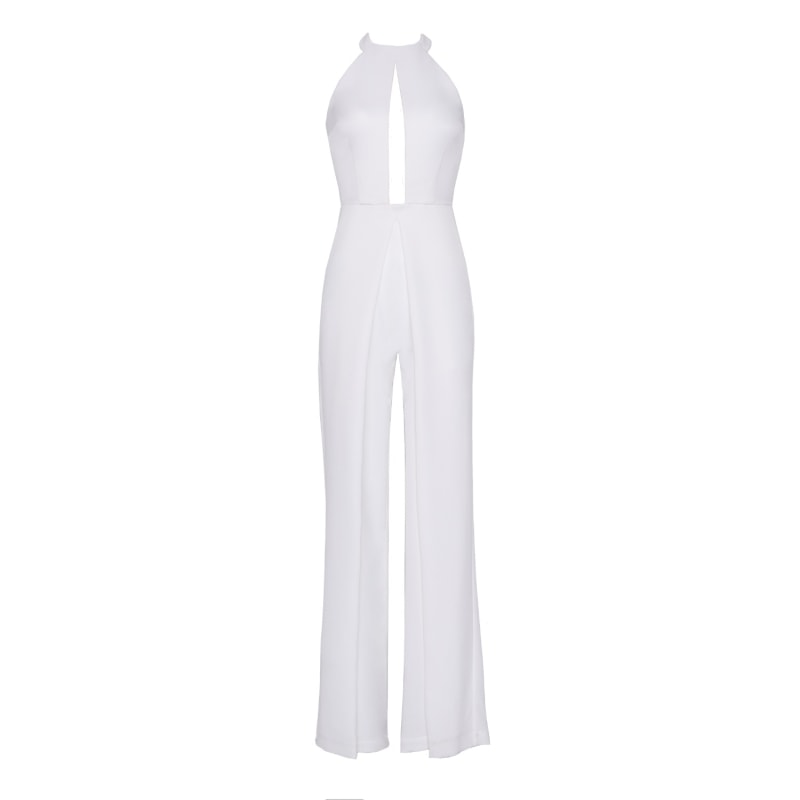 Love triangle halter neck open back jumpsuit with thigh split in white cheap