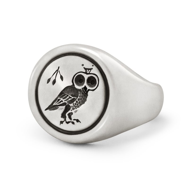 Owl Signet Ring In Sterling Silver by Snake Bones