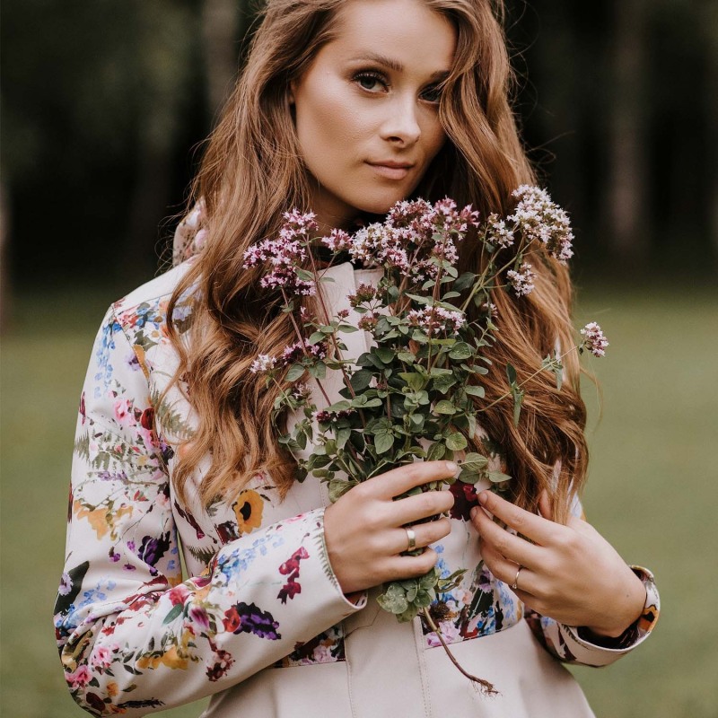 Thumbnail of Floral Fit And Flare Beige Waterproof Coat: Beige Midsummer image