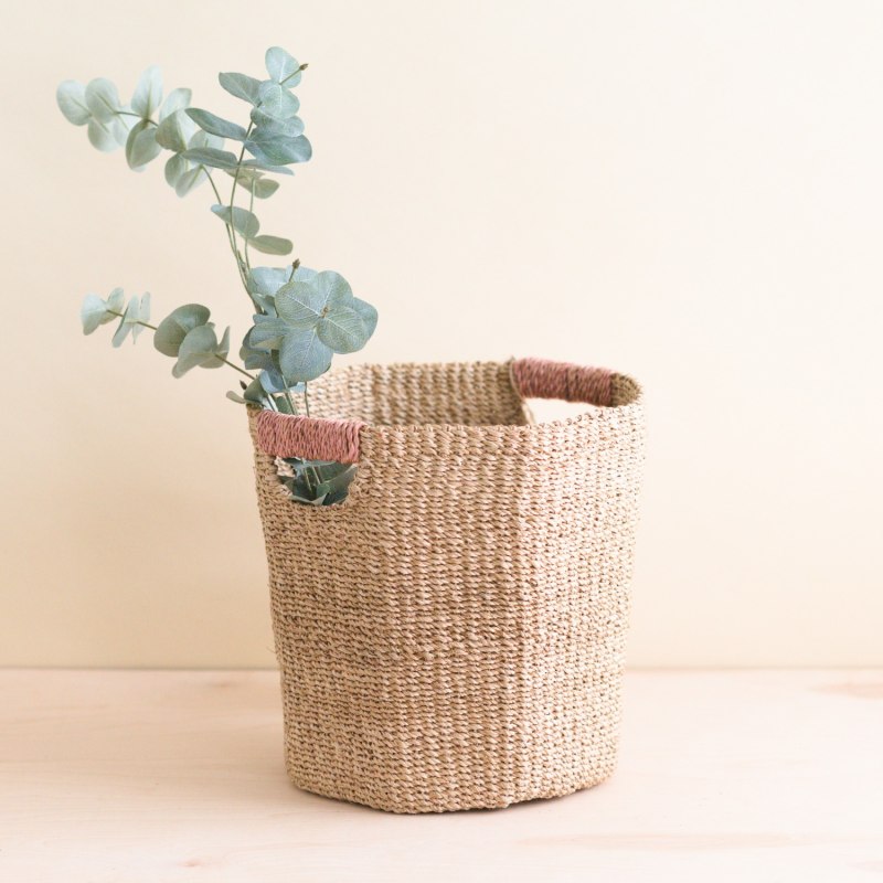 Thumbnail of Natural Octagon Basket With Dusty Rose Handle - Natural Basket image