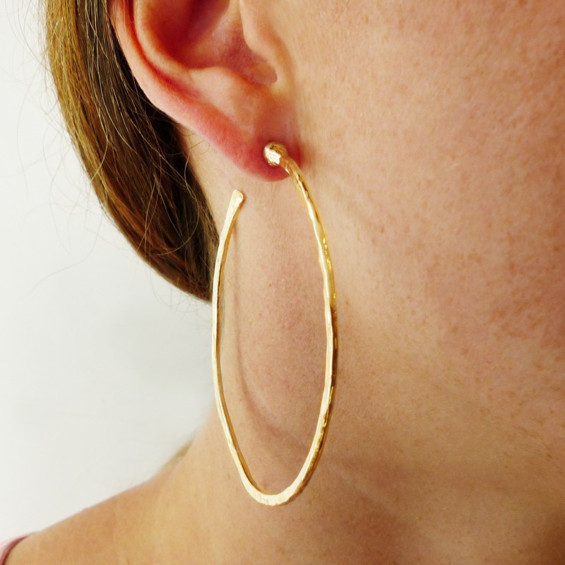 Thin Flat Hammered Solid Gold Hoop Earrings - Aris Designs