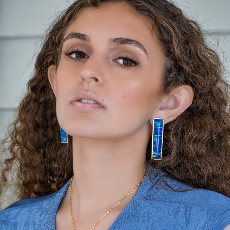 Thumbnail of Luxe Large Rectangular Statement Blue Opal Drop Gold Earrings image