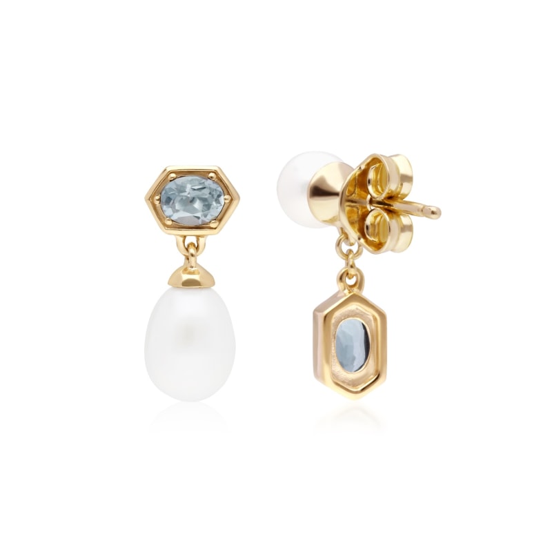 Thumbnail of Modern Pearl & Aquamarine Mismatched Drop Earrings image