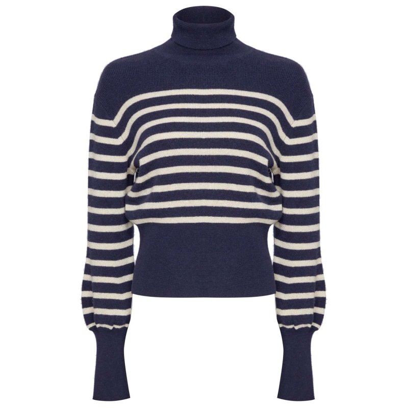 Thumbnail of Navy & Cream Lurex Stripe Cashmere Roll Neck Jumper image