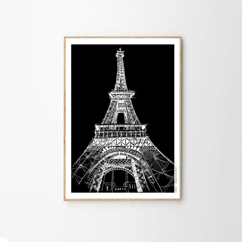 Thumbnail of Black And White City Poster, Paris Wall Art With Eiffel Tower At Night: Art Print image