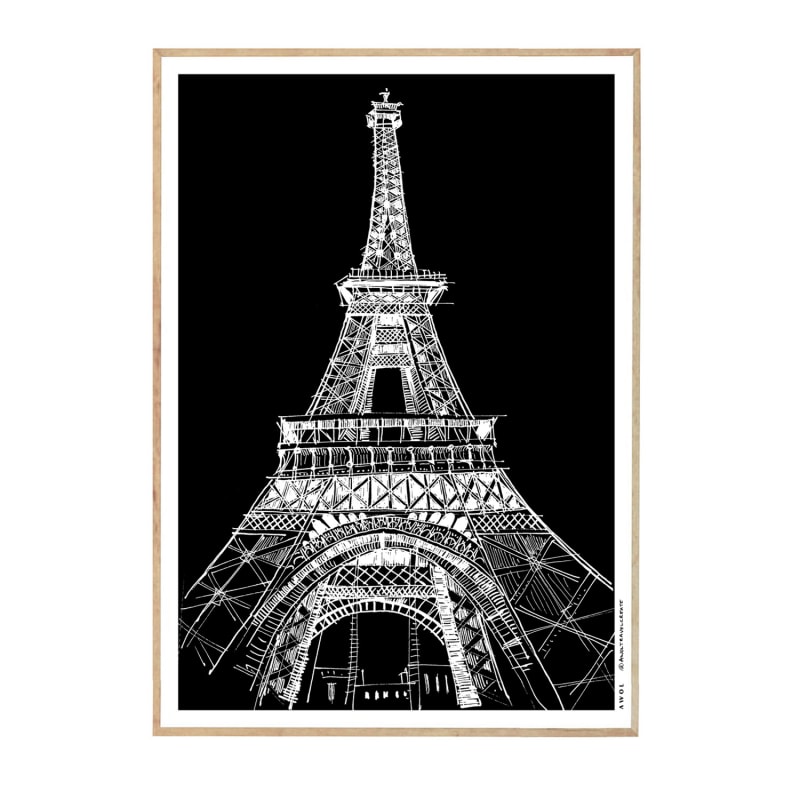 Thumbnail of Black And White City Poster, Paris Wall Art With Eiffel Tower At Night: Art Print image
