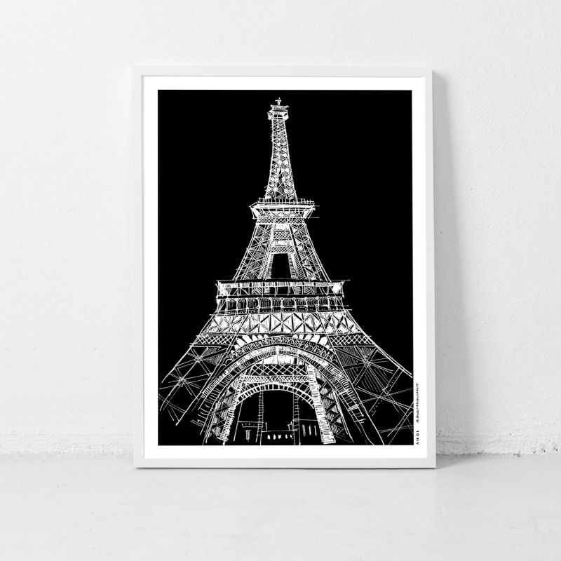 Thumbnail of Black And White City Poster, Paris Wall Art With Eiffel Tower At Night: Art Print image