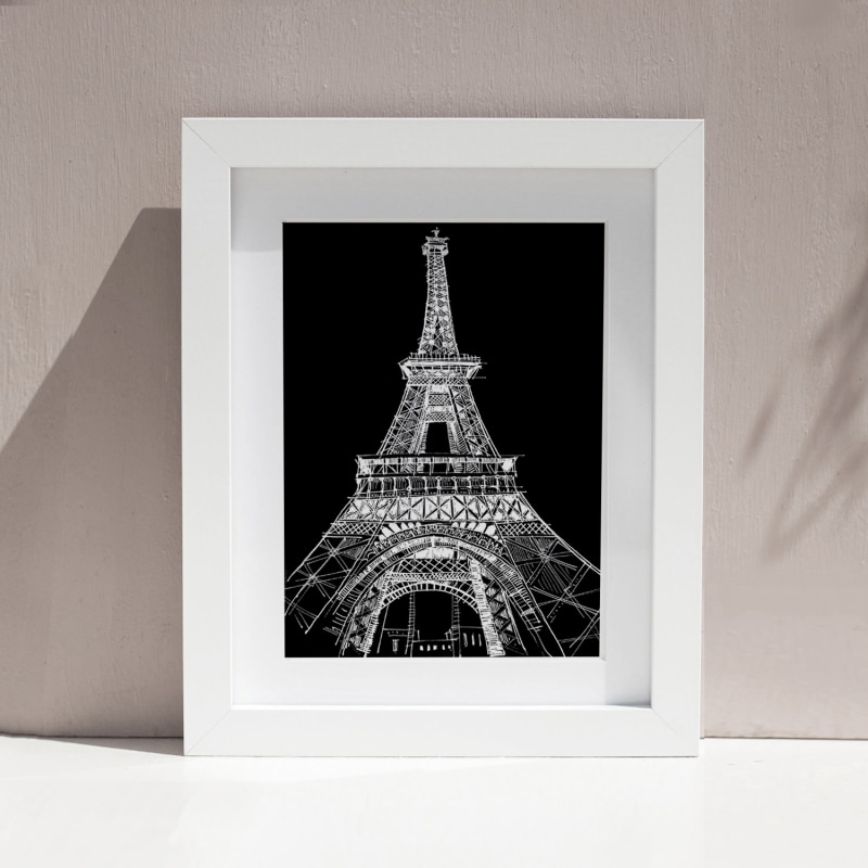 Thumbnail of Black And White City Poster, Paris Wall Art With Eiffel Tower At Night: Art Print image