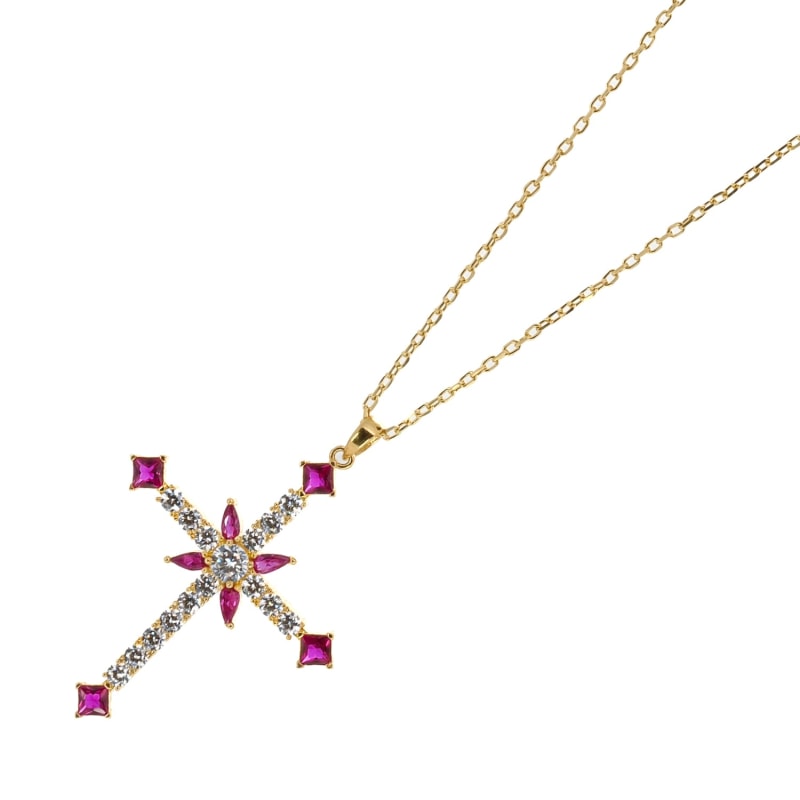 Thumbnail of Passion Diamond & Ruby Stone Cross Pendant Necklace - Pink image