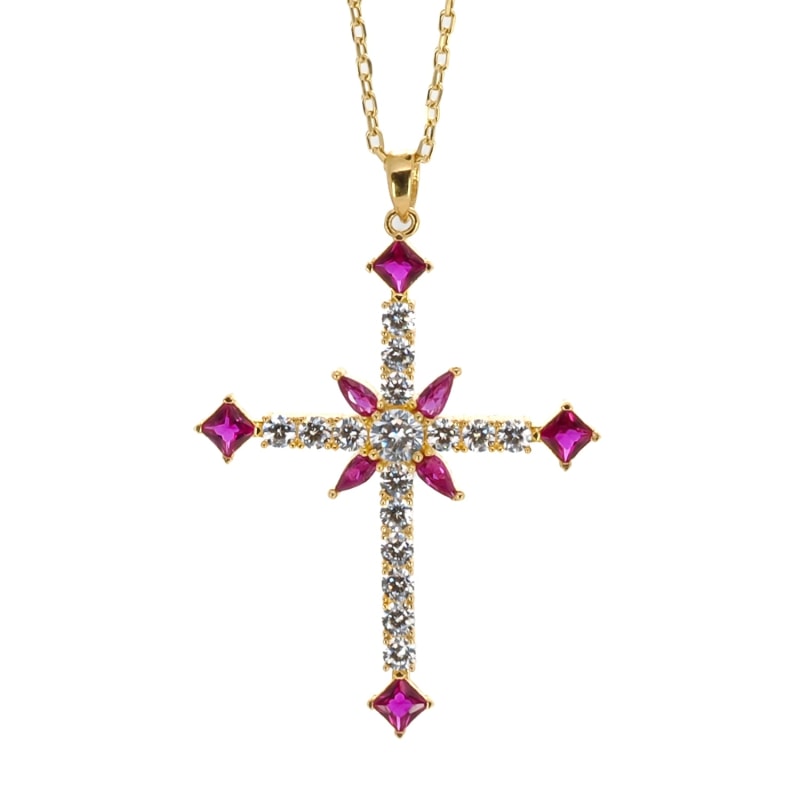 Thumbnail of Passion Diamond & Ruby Stone Cross Pendant Necklace - Pink image