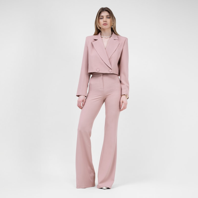 Pastel Pink Suit With Cropped Blazer And Flared Trousers by BLUZAT