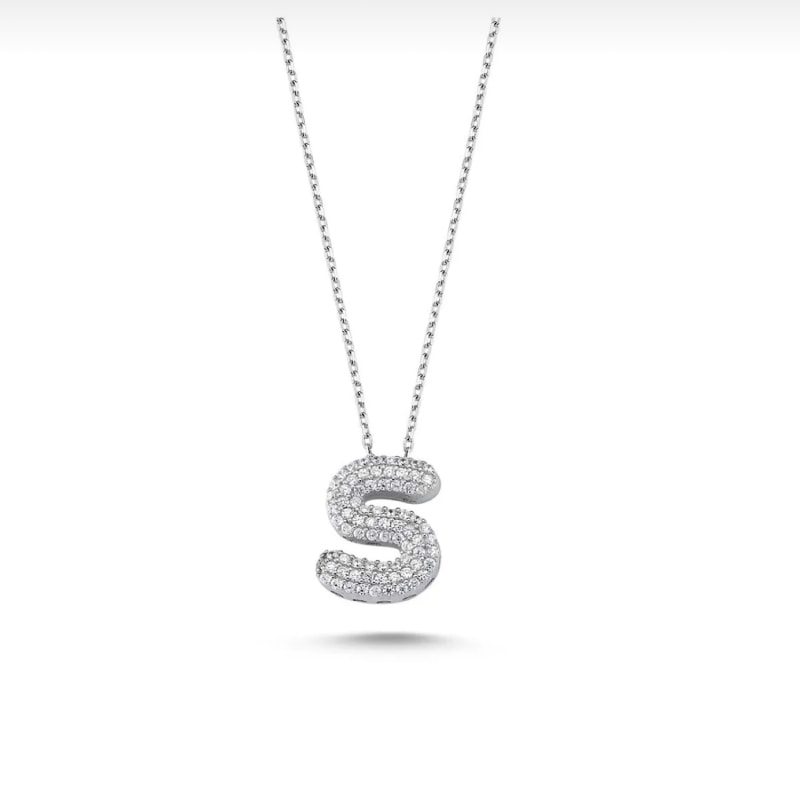 Thumbnail of Pave Bubble Letter Initial Necklace Diamond Zircon Stones Alphabet Necklace image