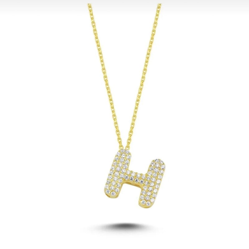 Thumbnail of Pave Bubble Letter Initial Necklace Diamond Zircon Stones Alphabet Necklace image