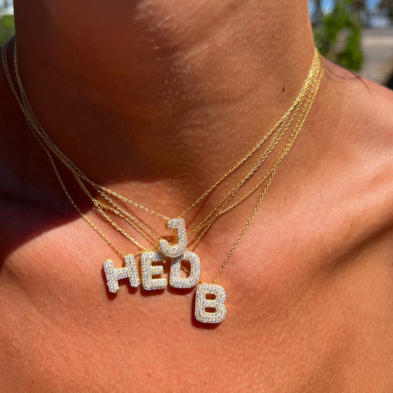 Pave Bubble Letter Initial Necklace Diamond Zircon Stones Alphabet Necklace Selen Jewels Wolf Badger