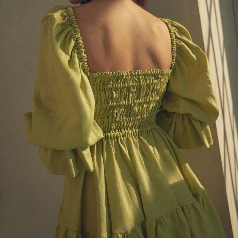 Thumbnail of Amelia Ruched Mini Linen Dress In Lime Cream image