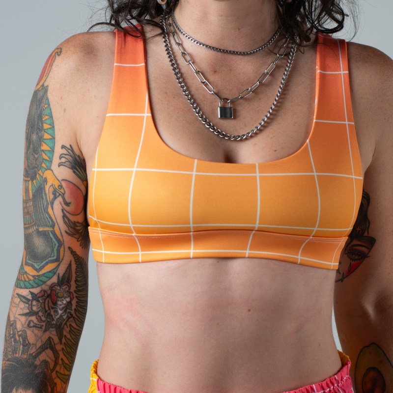 Neon Orange And Pink Retro Workout Yoga Sports Bra Top, Gazzybygazzo