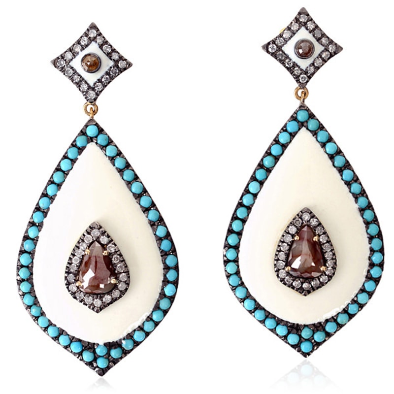 Thumbnail of Pear Cut Ice Diamond & Turquoise Enamel Pretty Dangle Earrings In 18K Gold With Silver image