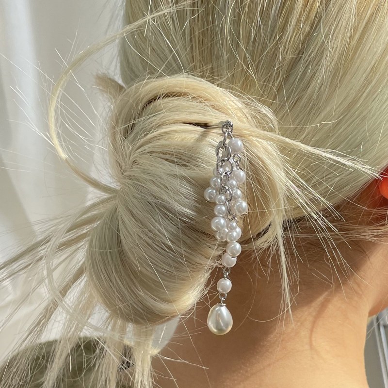 Pearl Chopstick Hair Jewels - Silver, NUNCHI