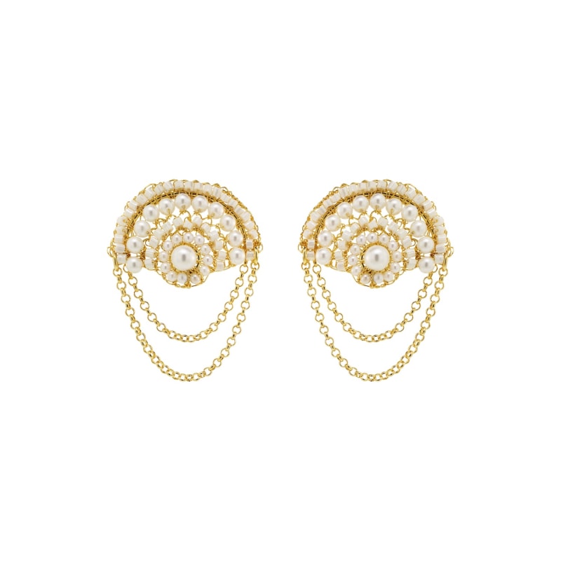 Thumbnail of Pearl & Gold Freya Round Posts Handmade Crochet Earrings image