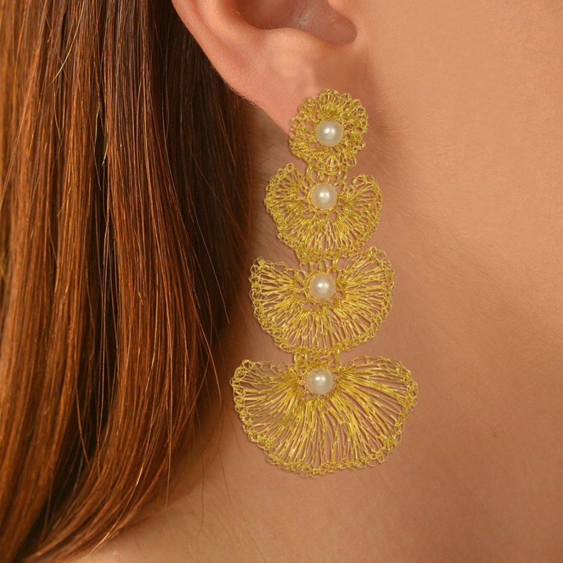 Thumbnail of Pearl & Gold Shells Cascade Handmade Crochet Earrings image