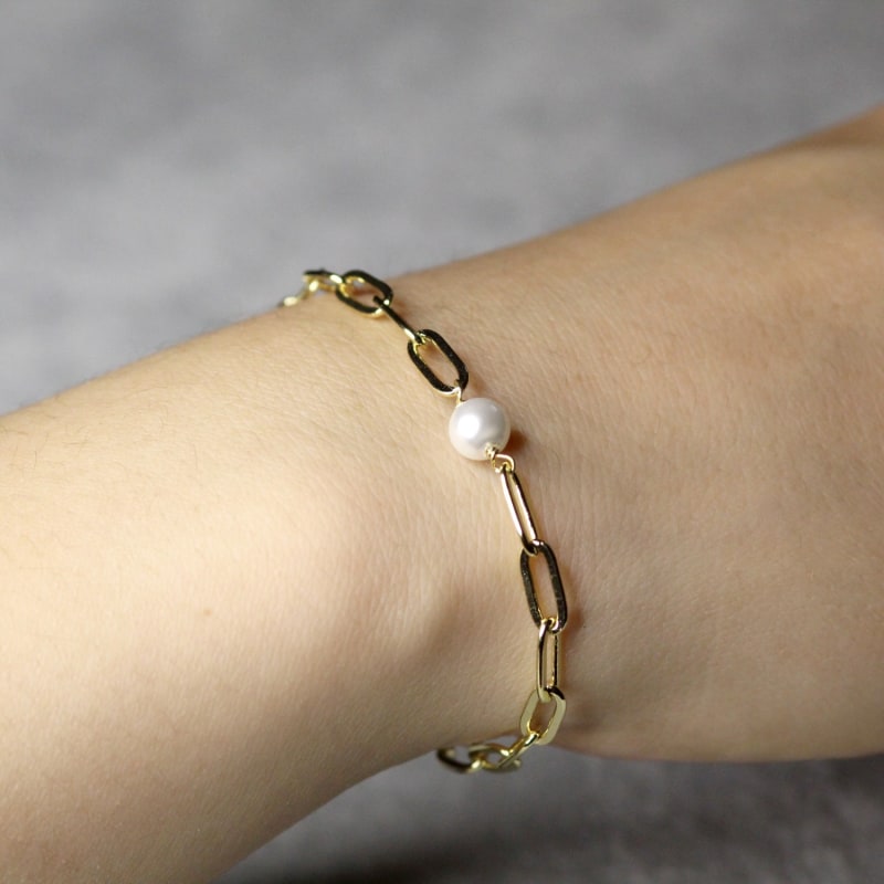 Pearl Paperclip Chain Gold Bracelet by VicStoneNYC Fine Jewelry
