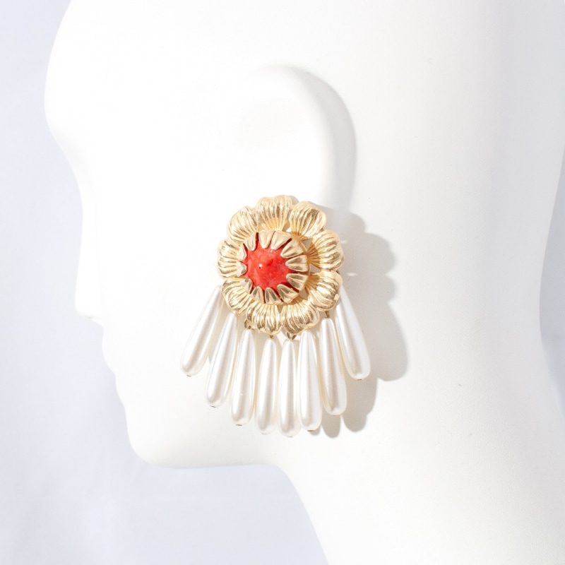 Thumbnail of Peony Floral Earring In Bright Coral & Pearl image