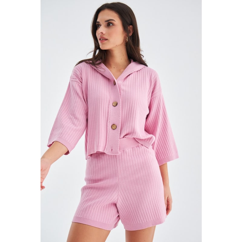 Thumbnail of Mujo Knitted Crop Cardigan & Shorts In Candy Pink image