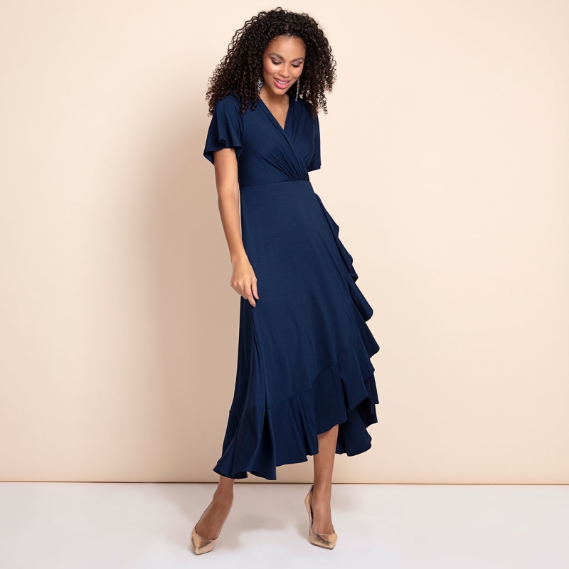 Thumbnail of Petite Waterfall Midi Dress In Navy Blue image