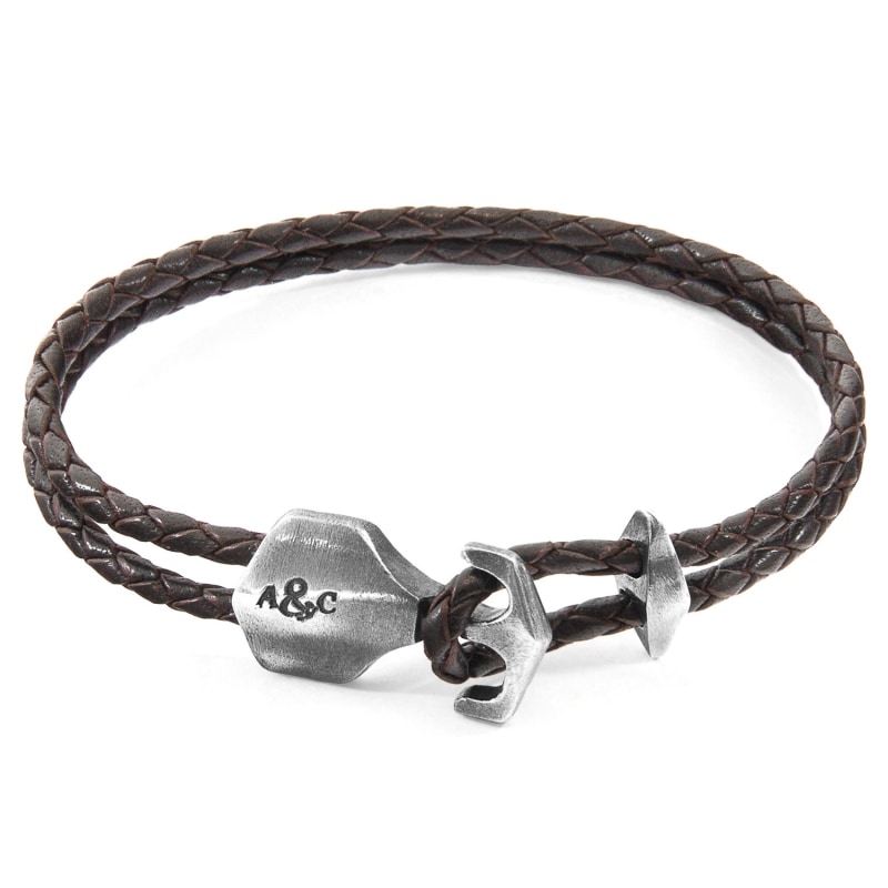 Thumbnail of Dark Brown Delta Anchor Silver & Braided Leather Bracelet image