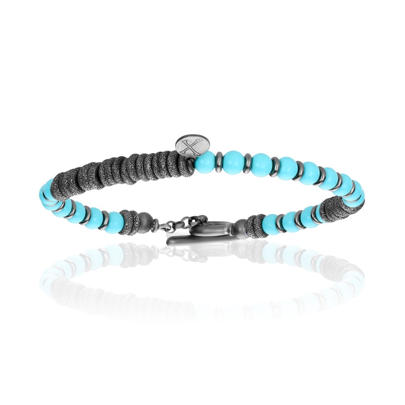 Blue Stone Beaded Bracelet With Black PVD Beads Unisex by Double Bone Bracelets