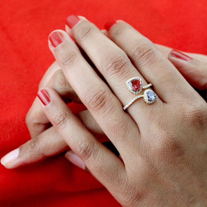 Thumbnail of 18K Yellow Gold In Pave Diamond With Heart Shape Tanzanite & Tourmaline Bypass Ring image