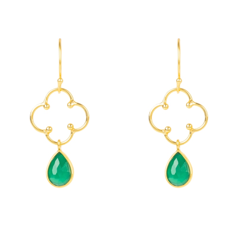 Thumbnail of Open Clover Gemstone Drop Earrings Gold Green Onyx image